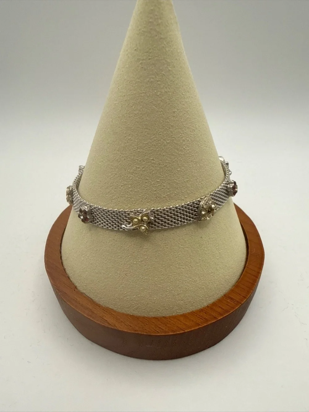 Goldette NY Charm Silver Tone Mesh Bracelet Vintage MCM Clear White & Red Stones